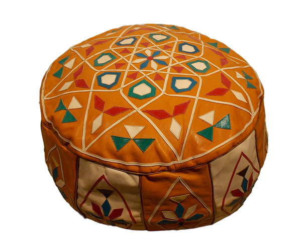 Ornamented Yellow Leather Pouf