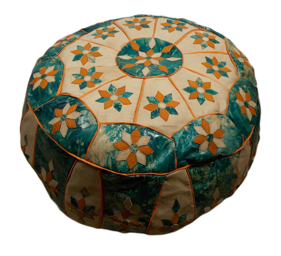 Moroccan Ornamented Green and Beige Pouf Ottoman
